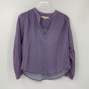 Xirena Aimi top shirt blouse cotton boxy purple green long sleeve split neck XS